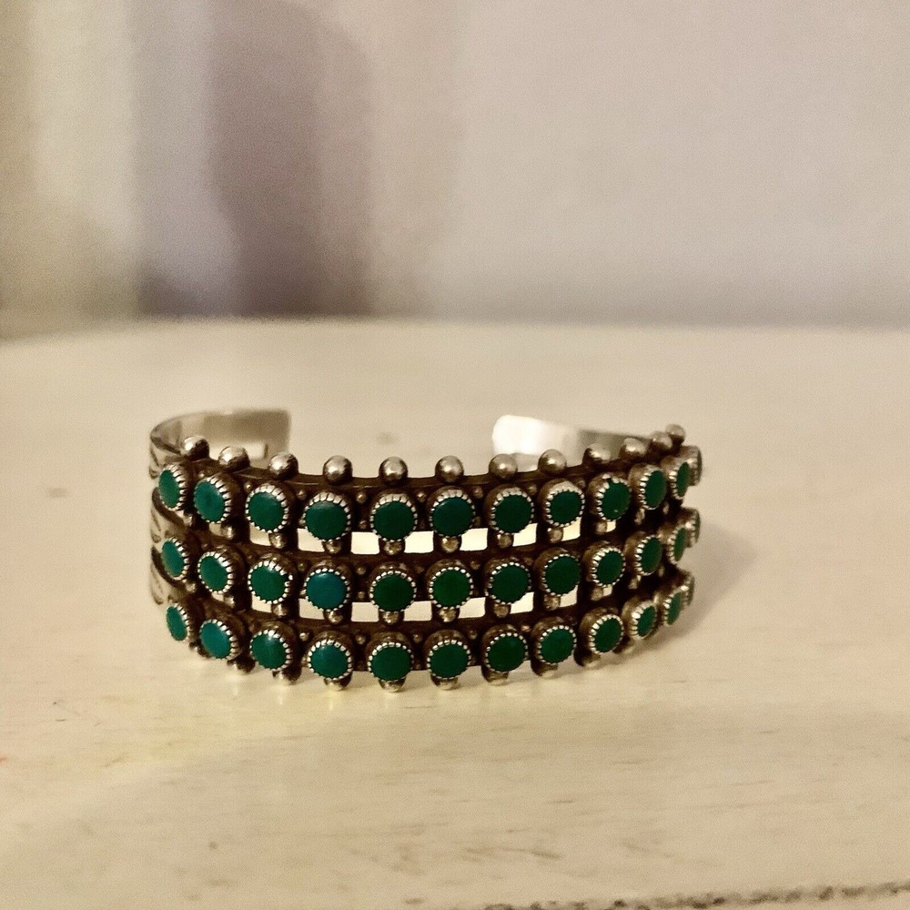 Vintage Turquoise Cuff Bracelet Fred Harvey Era Zuni‎ Triple Row Snake Eyes 40g